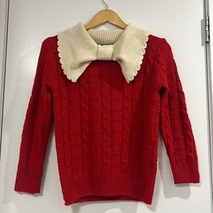 Red Knit Sweater with Bow Collar